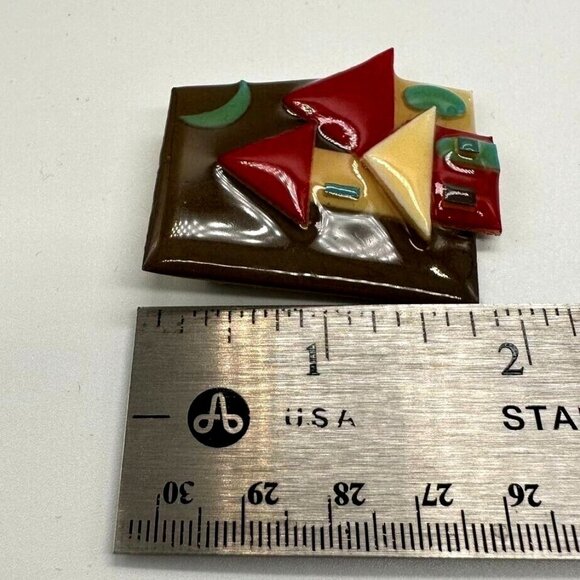 House Pins by Lucinda Mixed Media Resin 2" Pin Brown Red Blue Houses Green Moon - Picture 7 of 7